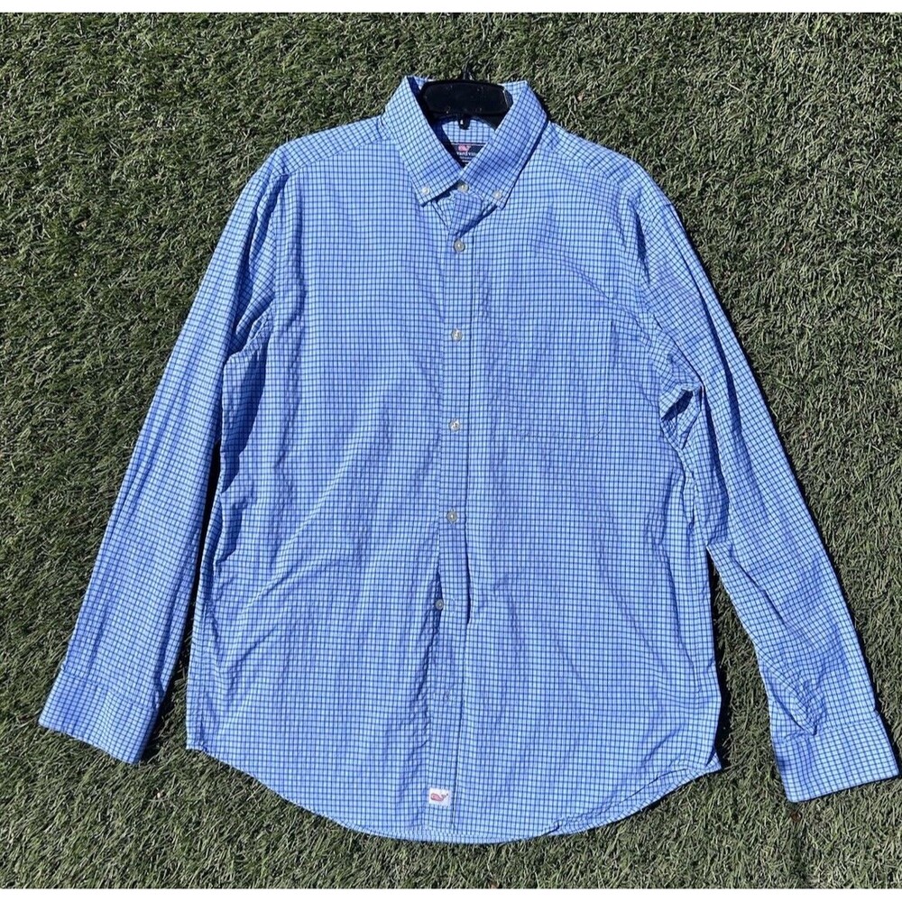 Vineyard Vines Murray Shirt Mens L Blue Check Performance Stretch Button Down
